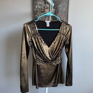 Cache Faux-Wrap Blouse Top Metallic Gold Leopard Small S